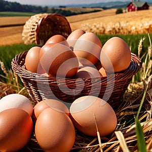 Fresh natural organic free range eggs in basket nest in outdoor farm environment