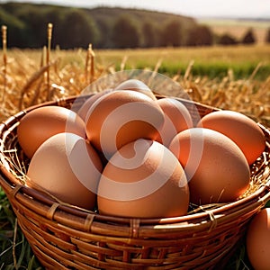 Fresh natural organic free range eggs in basket nest in outdoor farm environment