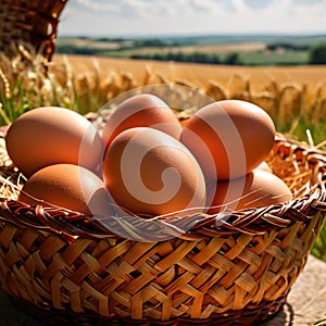 Fresh natural organic free range eggs in basket nest in outdoor farm environment