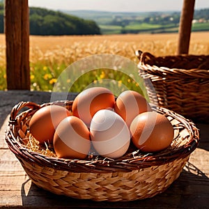 Fresh natural organic free range eggs in basket nest in outdoor farm environment