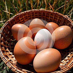 Fresh natural organic free range eggs in basket nest in outdoor farm environment