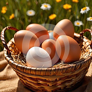 Fresh natural organic free range eggs in basket nest in outdoor farm environment