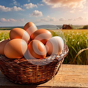 Fresh natural organic free range eggs in basket nest in outdoor farm environment