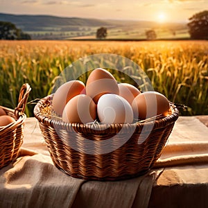 Fresh natural organic free range eggs in basket nest in outdoor farm environment