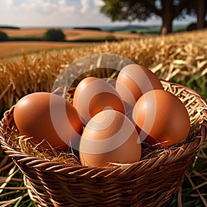 Fresh natural organic free range eggs in basket nest in outdoor farm environment