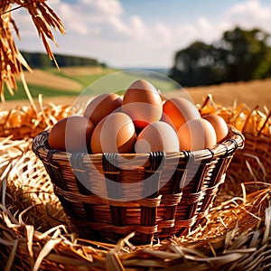 Fresh natural organic free range eggs in basket nest in outdoor farm environment