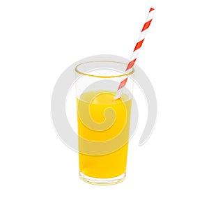 Fresh natural organic fruit juice in the glass with paper drinking straw isolated on white background.