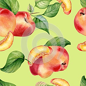 Fresh nectarines whole and half watercolor seamless pattern isolated on green background. Ripe fruits peach and leaves