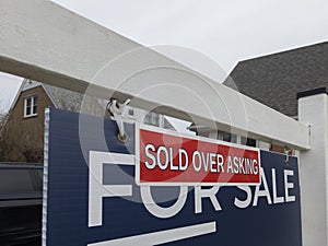 Fresh new sign sold over asking for sale in front of detached house in residential area