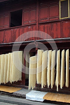 Fresh noodle drying on drying rack