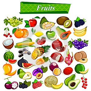 Fresh and nutritious fruit set including apple, orange, grapes, coconut, berry