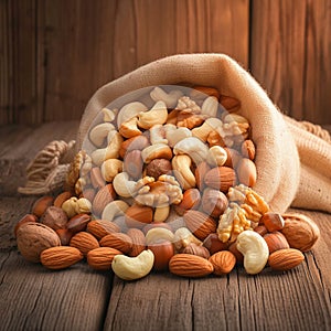 Fresh nuts cascading from fabric pouch onto textured wooden surface