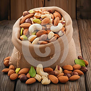 Fresh nuts cascading from fabric pouch onto textured wooden surface