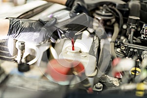 Fresh oil being poured during an oil change to a car