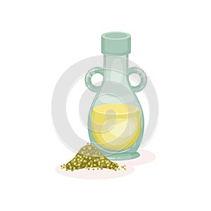 Fresh oil in glass bottle and pile of mustard seeds. Organic and healthy product. Cooking ingredient. Flat vector icon