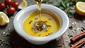 Fresh olive oil pouring into dish with floating herbsspices