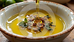 Fresh olive oil pouring into dish with floating herbsspices