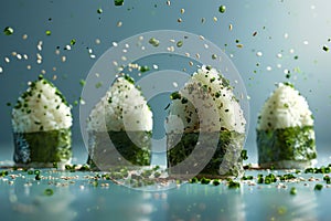 Fresh Onigiri Rice Balls with Seaweed and Sprinkled Herbs Floating on Tranquil Background Japanese Cuisine Concept