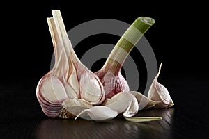 Fresh Open Garlic Bulb Black Background