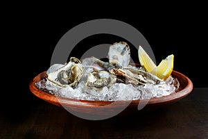 Fresh open oysters and lemon laid out on ice-2.