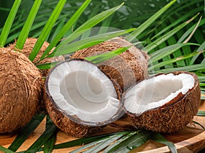 Fresh opened coconuts along with whole coconuts and coconut leaves on a wooden table