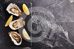 Fresh opened oyster with lemon on slate plate