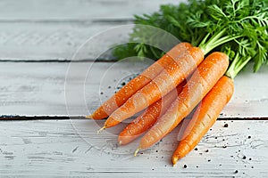 Fresh orange carrot presented elegantly on a white wooden background
