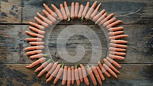 Fresh Orange Carrots Forming Oval Shape on Rustic Wooden Background Top View Organic Vegetables photo