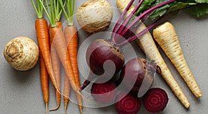 Fresh Orange Carrots Red Beets And Parsnips On Grey Background