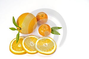 Fresh orange citrus fruit on white background. Sliced and whole orange. Healthy food.