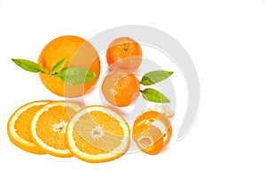 Fresh orange citrus fruit on white background. Sliced and whole orange. Healthy food.