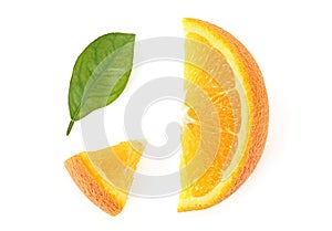 Fresh orange citrus fruit on white background. Slices and leaf