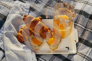 fresh orange and croissant, a picnic in nature