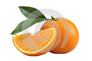 Fresh Orange Fruit with Slice and Leaves Isolated on White