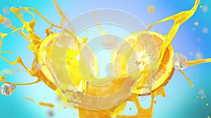 Fresh orange fruit squirting with ice juice in slow motion 4K