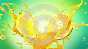 Fresh orange fruit squirting with ice juice in slow motion 4K