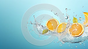 Fresh orange fruit in water splash on blue background. with copy space. Banner 2:1