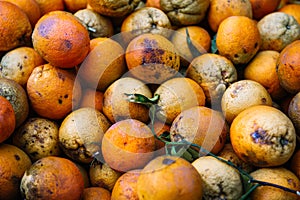 Fresh orange fruits in box on market.