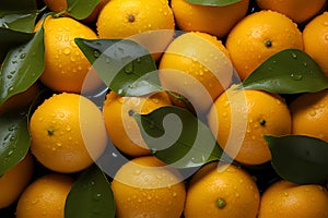 fresh orange fruits with leaves as background, top view.