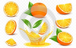 Fresh orange fruits whole and slices, splashes of orange juice. 3d realistic vector icon set, isolated on transparent background