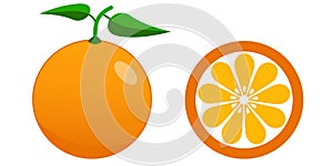 Fresh orange and half of orange with leaves in flat style