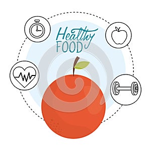 Fresh orange heartbeat chronometer and barbell health food