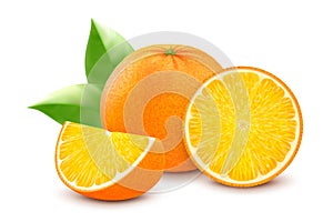 Fresh orange, icon. Realistic 3d vector illustration, isolated on white background. Whole and half slice of orange citrus fruit