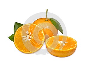 Fresh orange isolated on a white background, Mandarin orange with green leaf isolated on white background