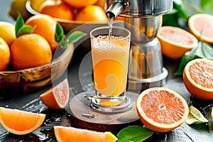 Fresh orange juice is being poured from a bar citrus press into a clear drinking glass