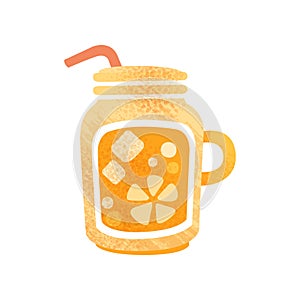 Fresh orange juice. Detox water in glass with handle and straw. Delicious refreshing drink. Flat vector icon with