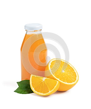 Fresh orange juice with fruits cut in half and sliced with green leaf isolated on white background
