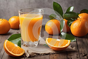 Fresh orange juice in glass cup next to a sliced orange