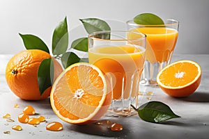 Fresh orange juice in glass cup next to a sliced orange