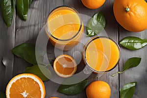 Fresh orange juice in glass cup next to a sliced orange